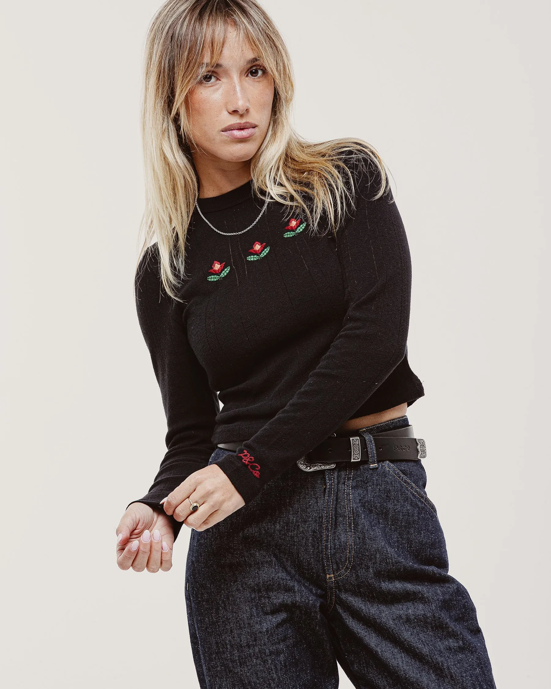 Stevie Flower Embroidered Longsleeve - Washed Black sold by P & Co