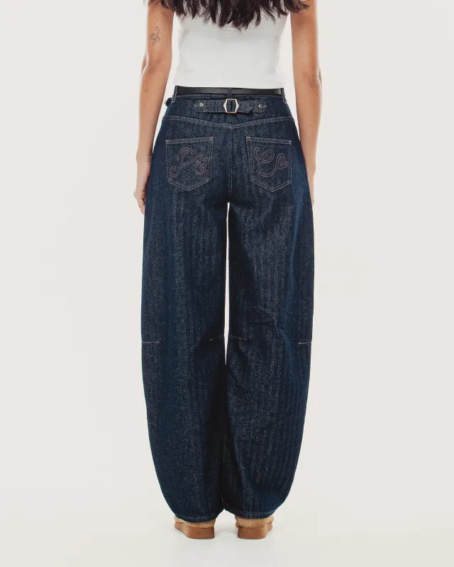 Grace Barrel Leg Herringbone Jean - Washed Indigo made by P & Co