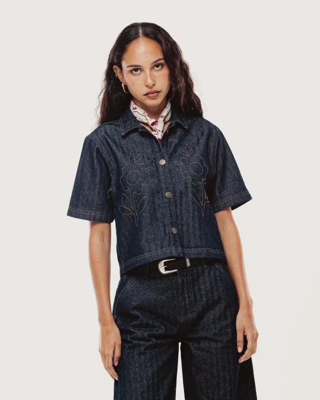 Lizzie Herringbone Denim Shirt - Washed Indigo made by P & Co