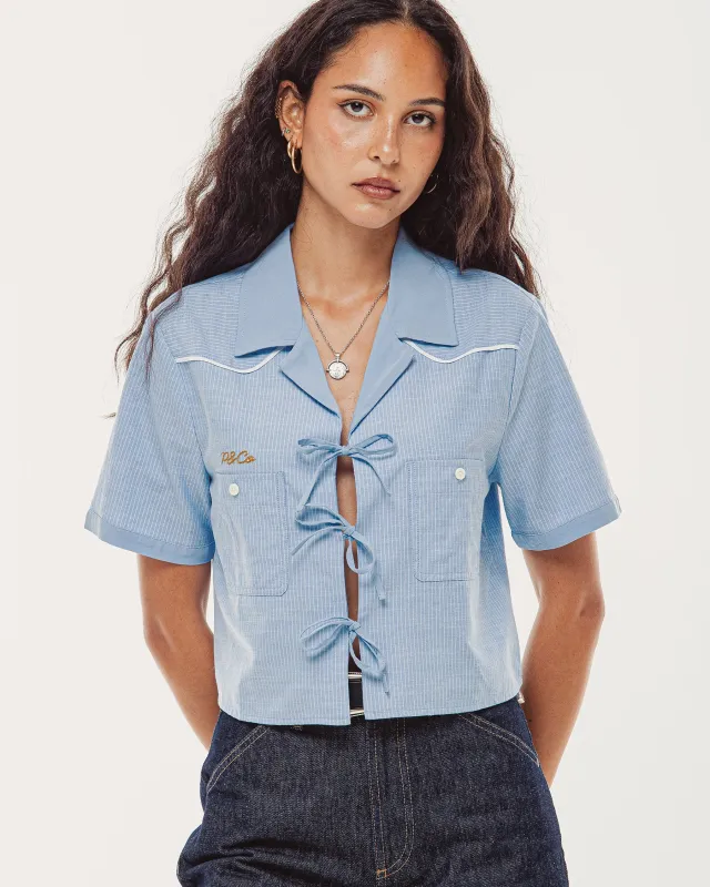 Wildflower Bow-Tie Cropped Shirt - Blue Hickory Stripe made by P & Co