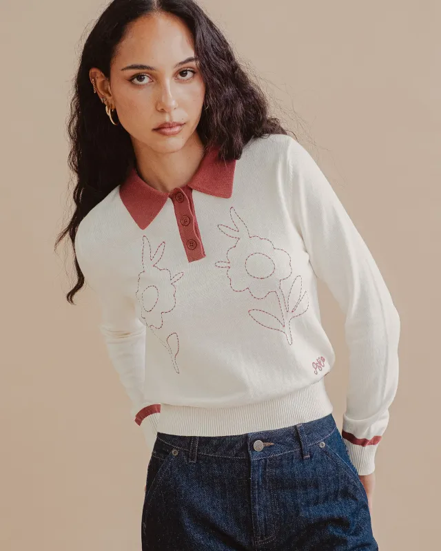 Maisie Longsleeve Knitted Polo - Off White made by P & Co