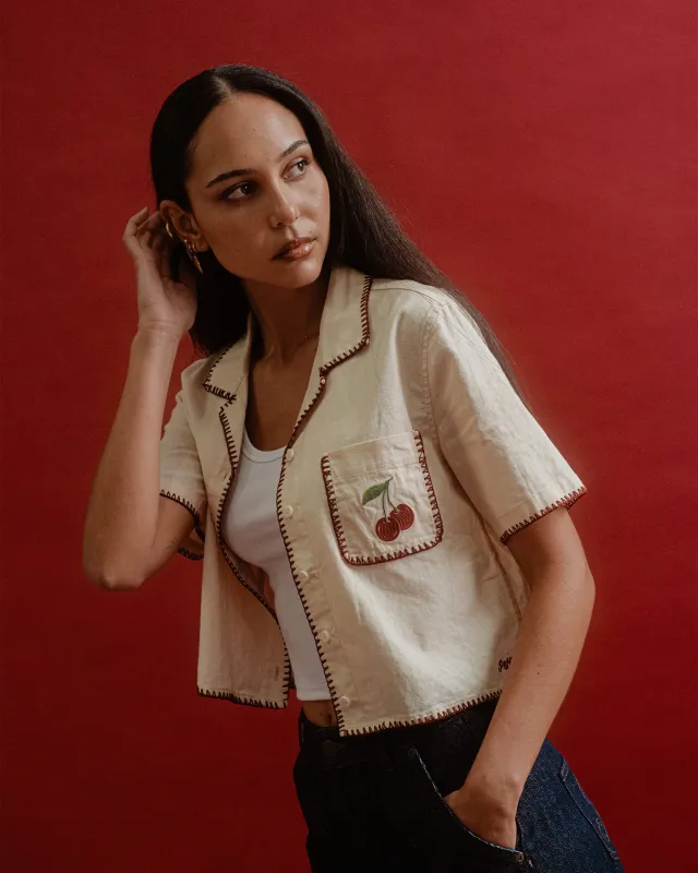 Cherry Embroidered Linen Shirt - Ecru made by P & Co