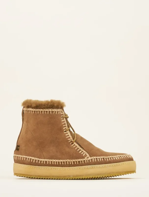 Argo Crochet Lace up Ankle Boot Camel Suede Beige made by Laidback London