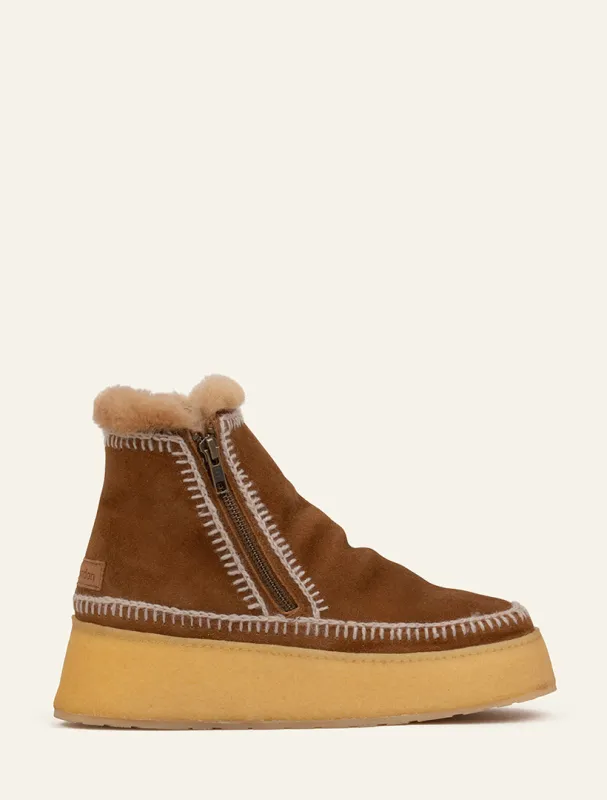 Setsu Platform Crochet Ankle Boot Nutmeg Suede Wheat made by Laidback London