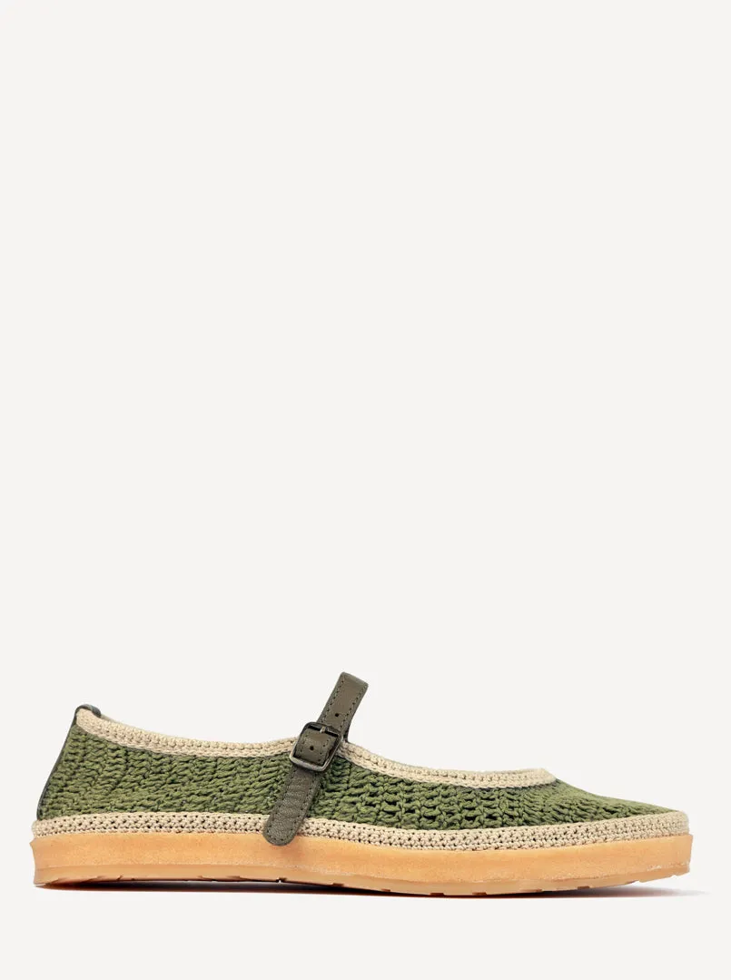 Loom Hand-Crocheted Mary Jane Flats Khaki Natural sold by Laidback London