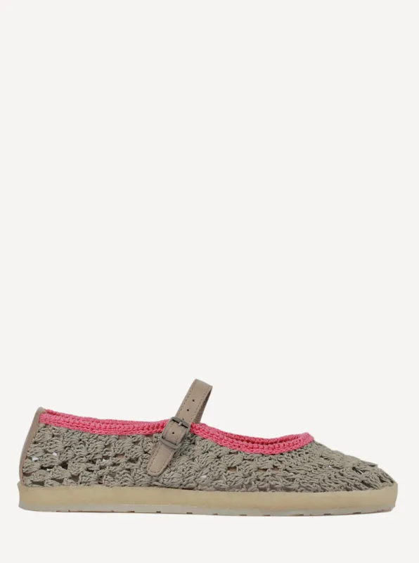 Knott Hand-Crocheted Mary Jane Flats Light Grey Pink made by Laidback London