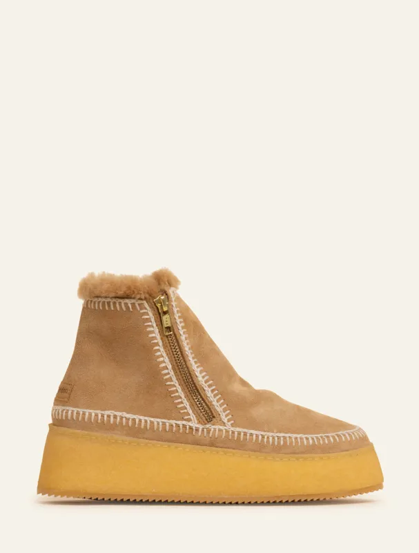Setsu Platform Crochet Ankle Boot Saffron Suede Natural made by Laidback London