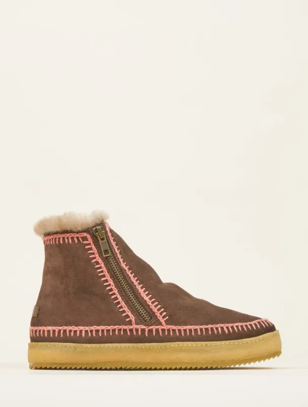 Setsu Crochet Side Zip Ankle Boot Choc Suede made by Laidback London