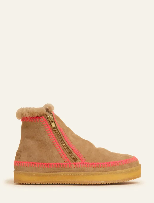 Setsu Crochet Ankle Boot Saffron Suede Neon Pink made by Laidback London