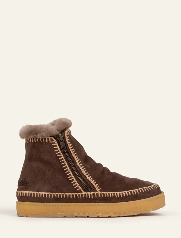 Setsu Crochet Side Zip Ankle Boot Choc Suede Beige made by Laidback London