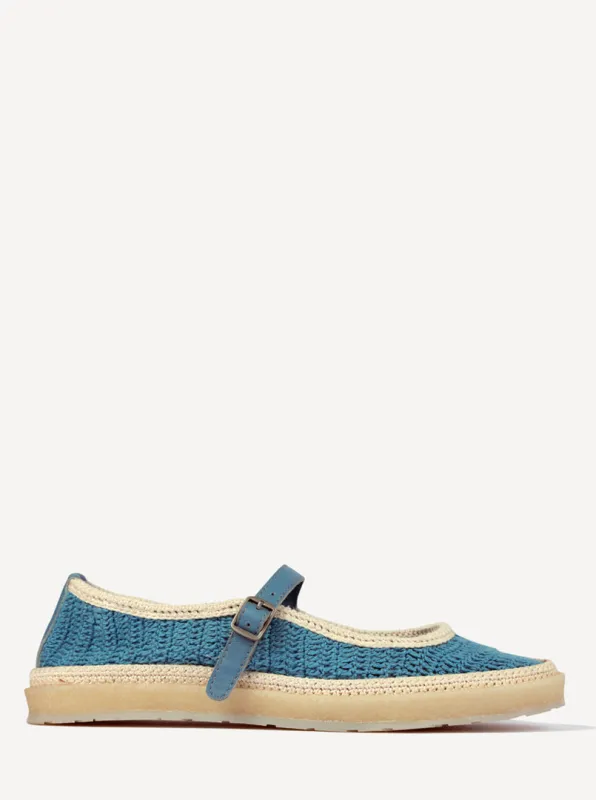 Loom Hand-Crocheted Mary Jane Flats Sky Blue Off White made by Laidback London