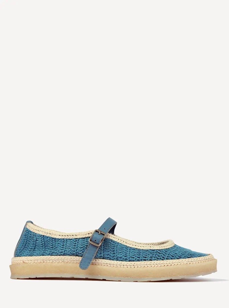 Loom Hand-Crocheted Mary Jane Flats Sky Blue Off White sold by Laidback London