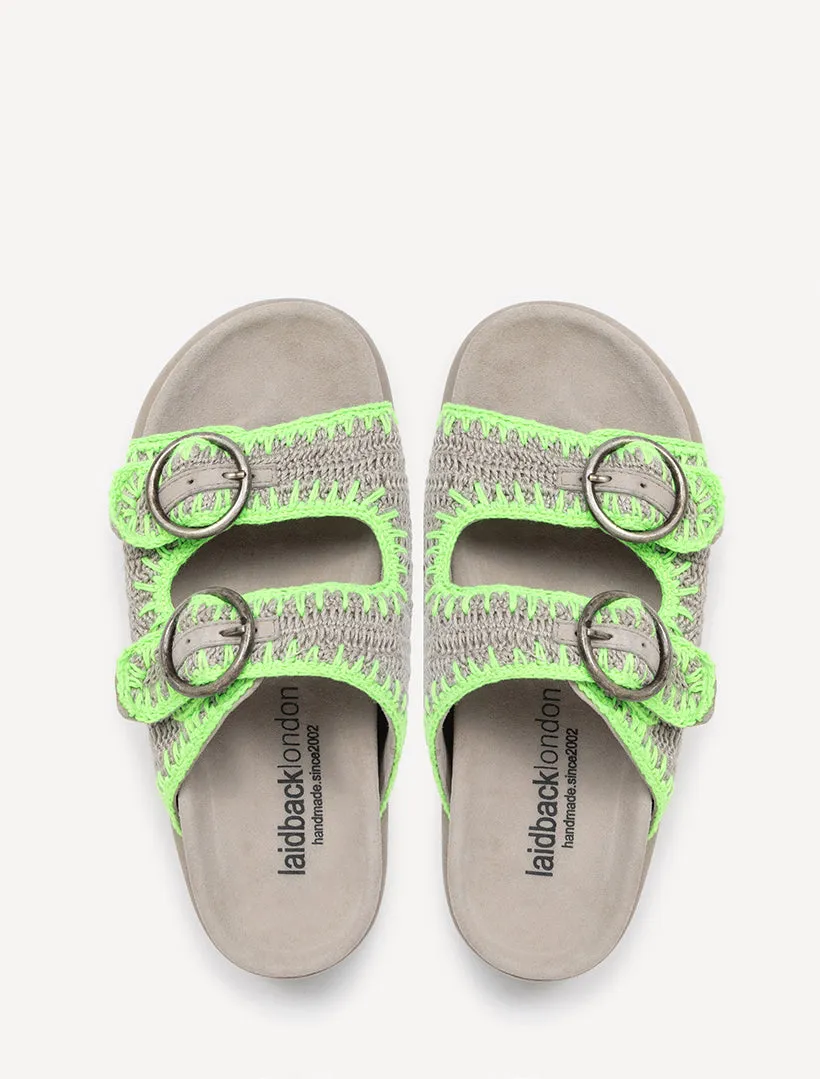 Clay Handwoven Crochet Double-Buckle Sandals Neon Green sold by Laidback London