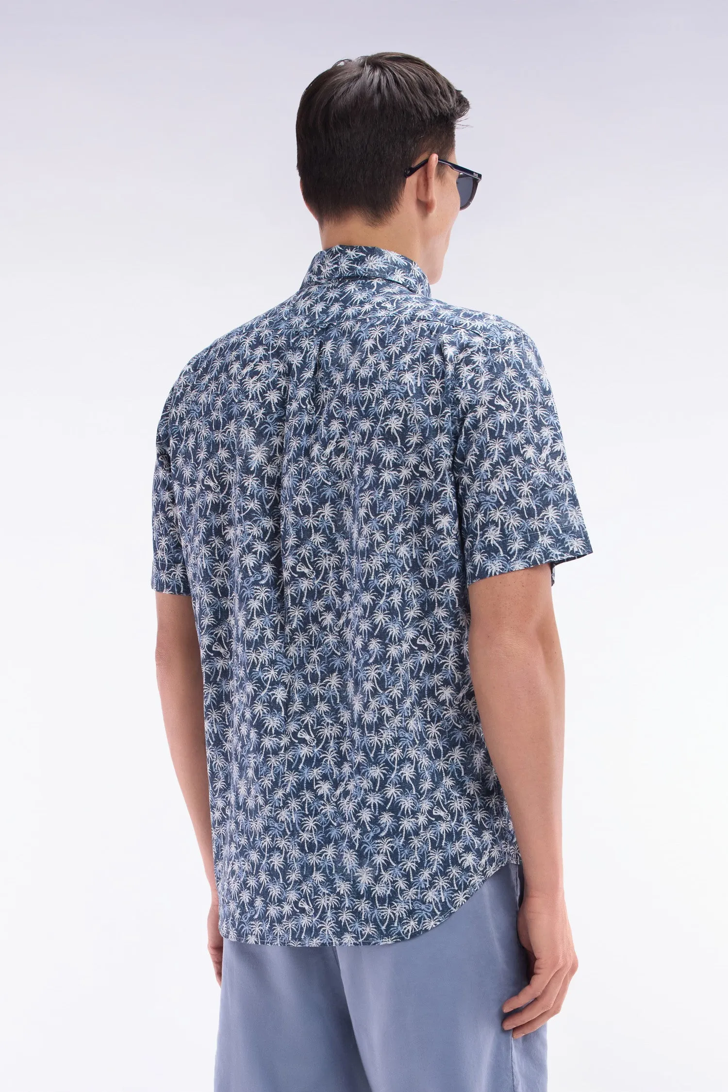 Chemise à manches courtes en coton marine à microimprimé palmiers coupe droite sold by Eden Park product image thumbnail 4