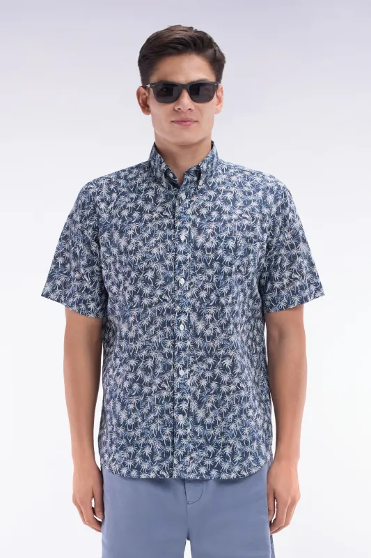 Chemise à manches courtes en coton marine à microimprimé palmiers coupe droite made by Eden Park