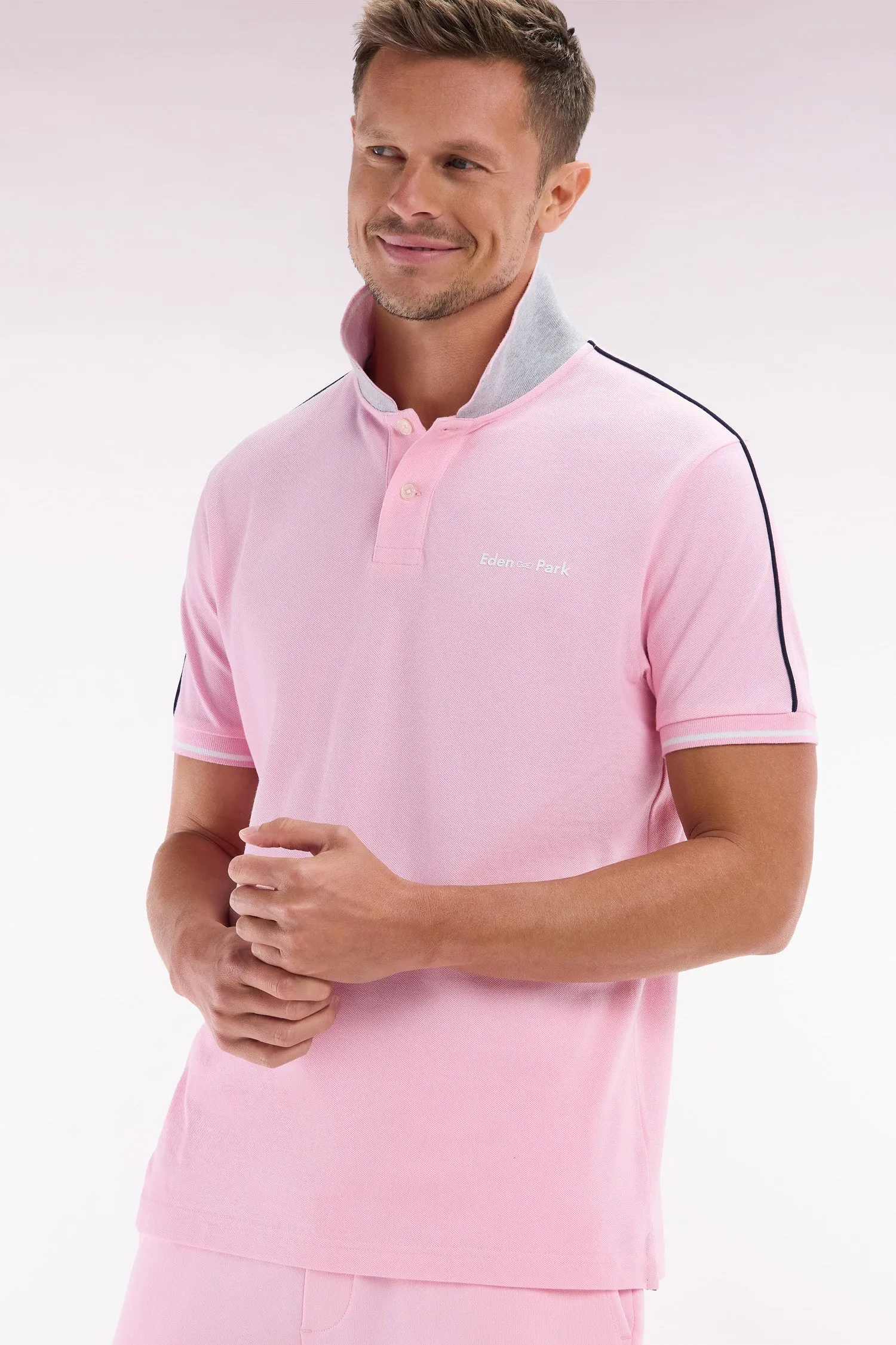 Polo à manches courtes uni en coton rose inscription Eden Park coupe décontractée sold by Eden Park product image thumbnail 3