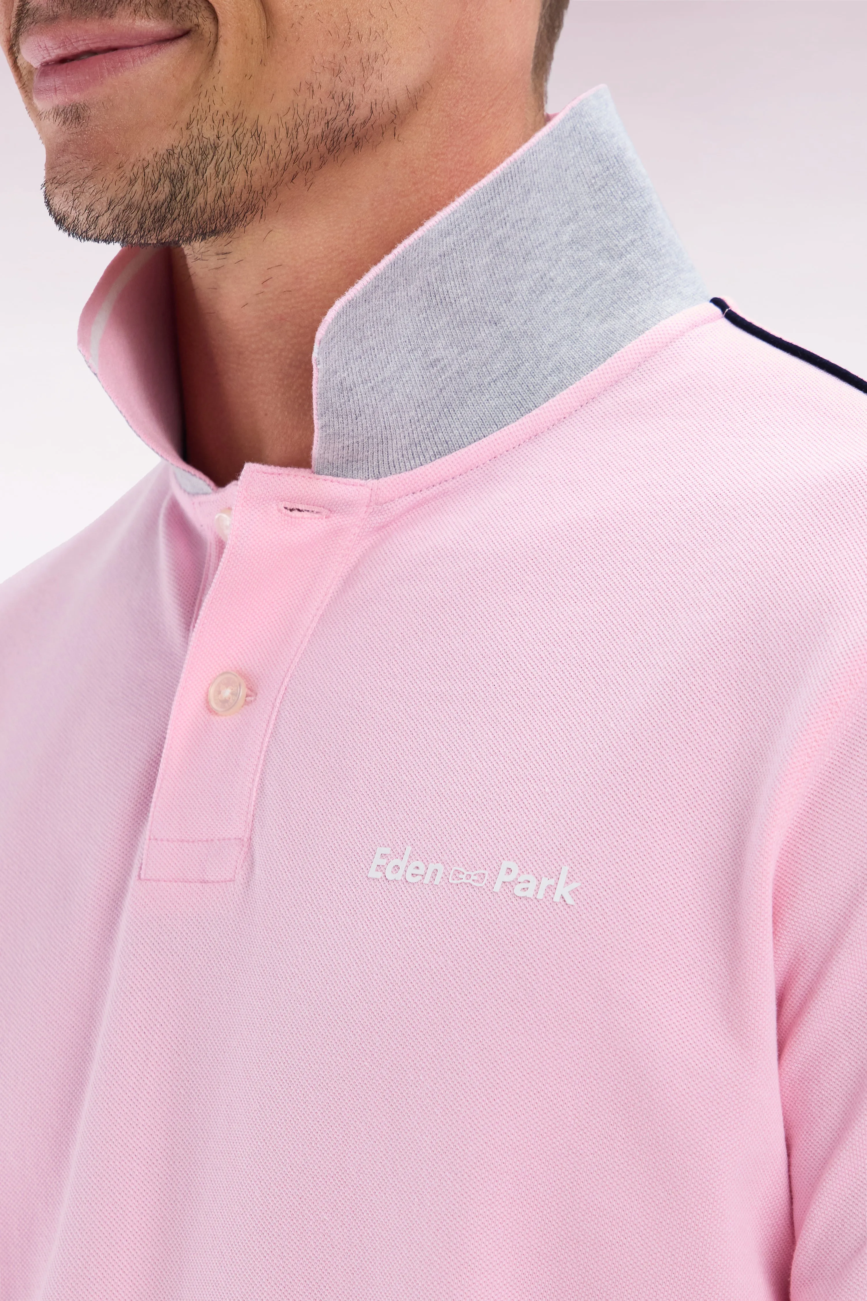 Polo à manches courtes uni en coton rose inscription Eden Park coupe décontractée sold by Eden Park product image thumbnail 5