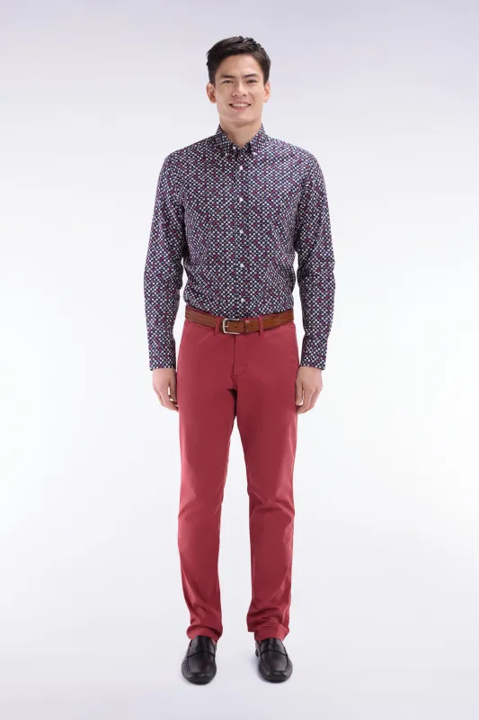 Chemise en popeline de coton marine à microimprimé rouge coupe droite made by Eden Park