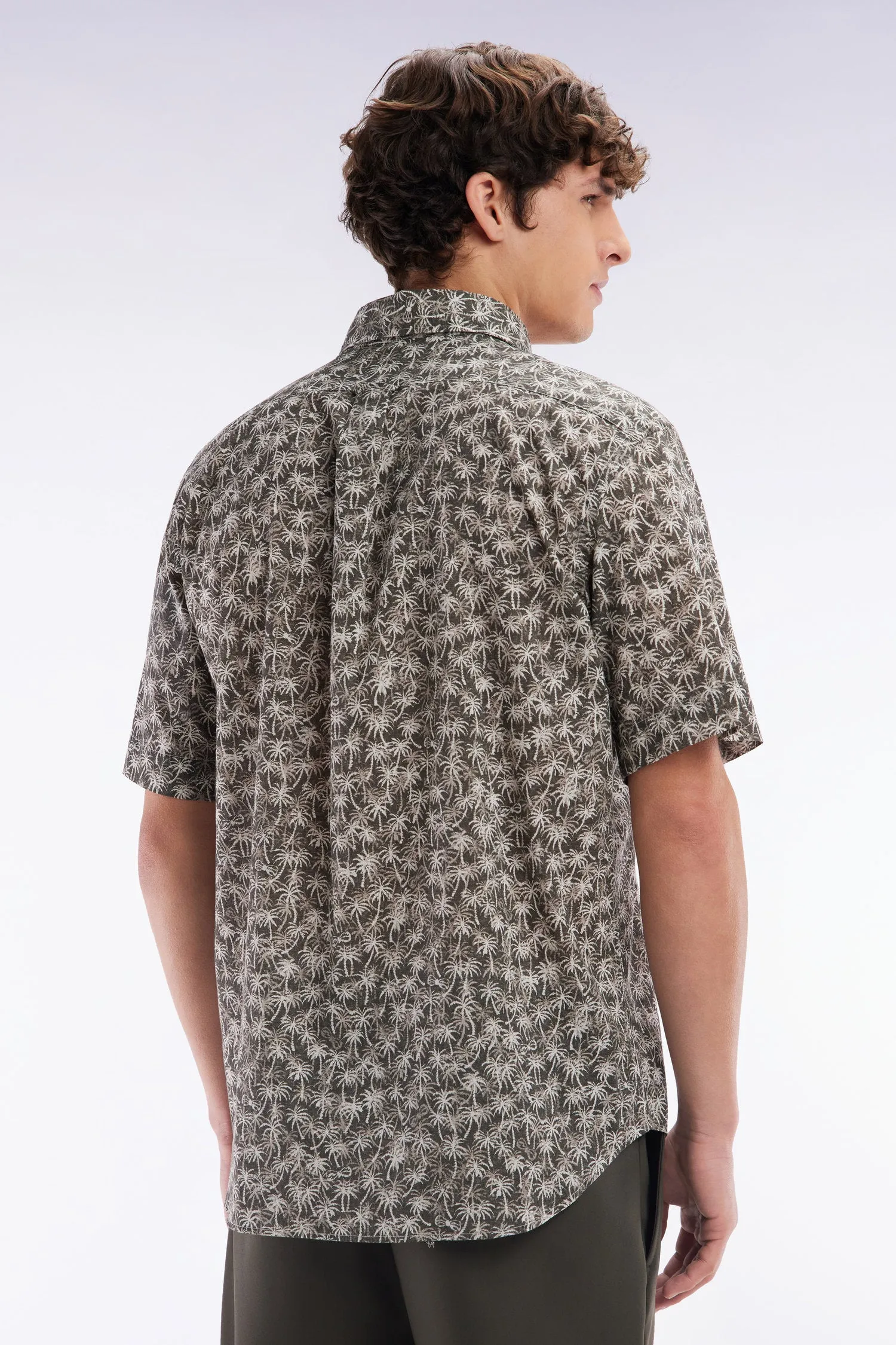 Chemise à manches courtes en coton kaki à microimprimé palmiers coupe droite sold by Eden Park product image thumbnail 4