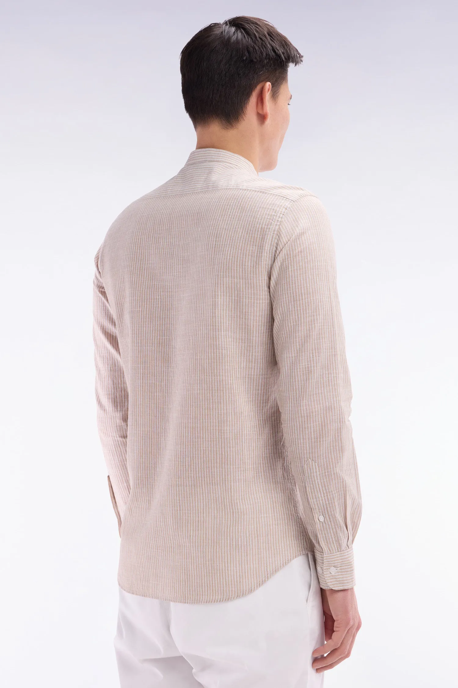 Chemise en coton et lin rayée beige à col Mao coupe ajustée sold by Eden Park product image thumbnail 4