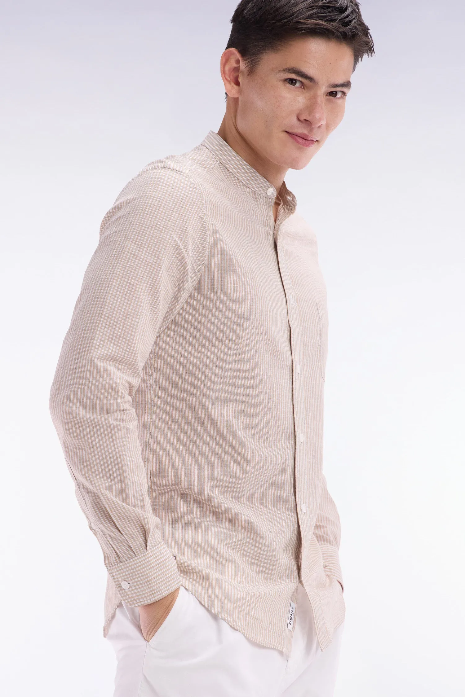 Chemise en coton et lin rayée beige à col Mao coupe ajustée sold by Eden Park product image thumbnail 3