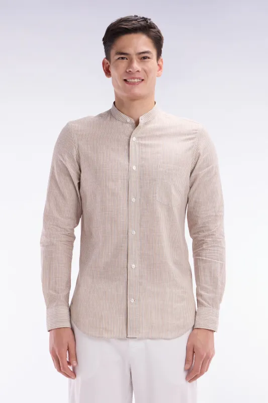 Chemise en coton et lin rayée beige à col Mao coupe ajustée made by Eden Park