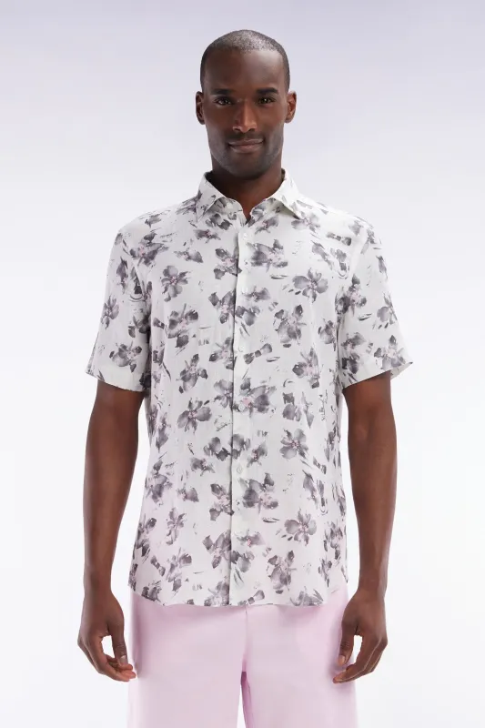 Chemise à manches courtes en lin écru à imprimé floral gris coupe ajustée made by Eden Park
