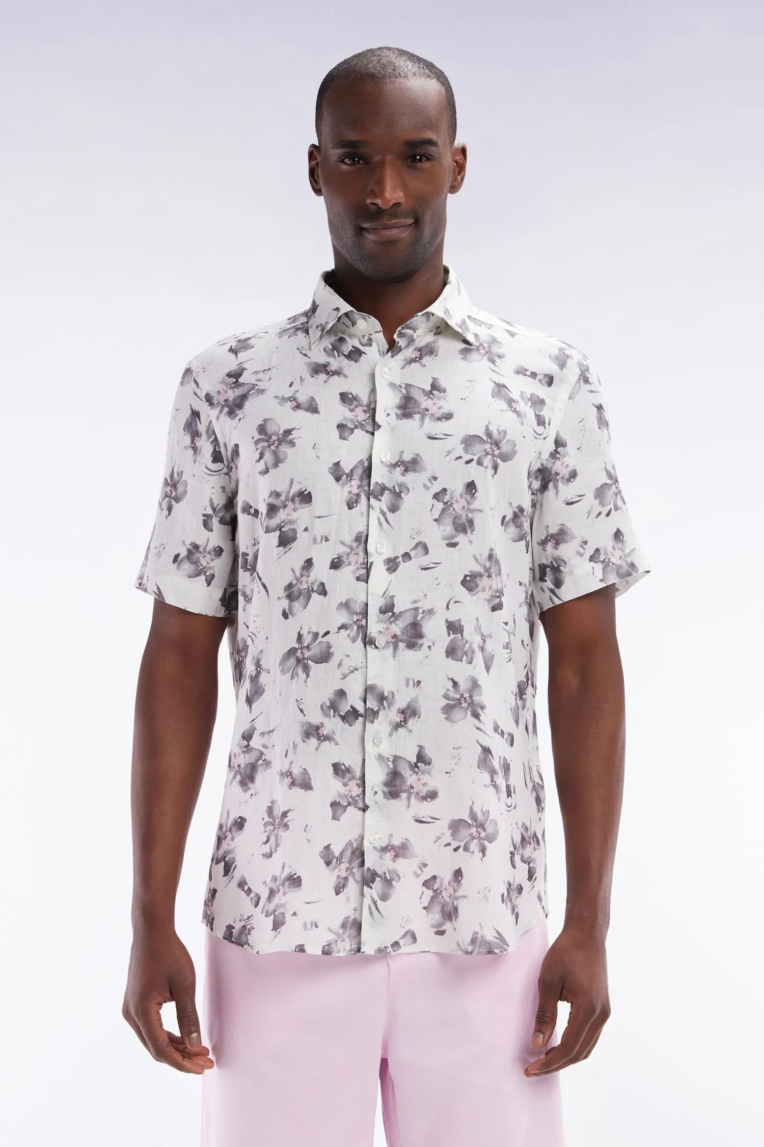Chemise à manches courtes en lin écru à imprimé floral gris coupe ajustée sold by Eden Park