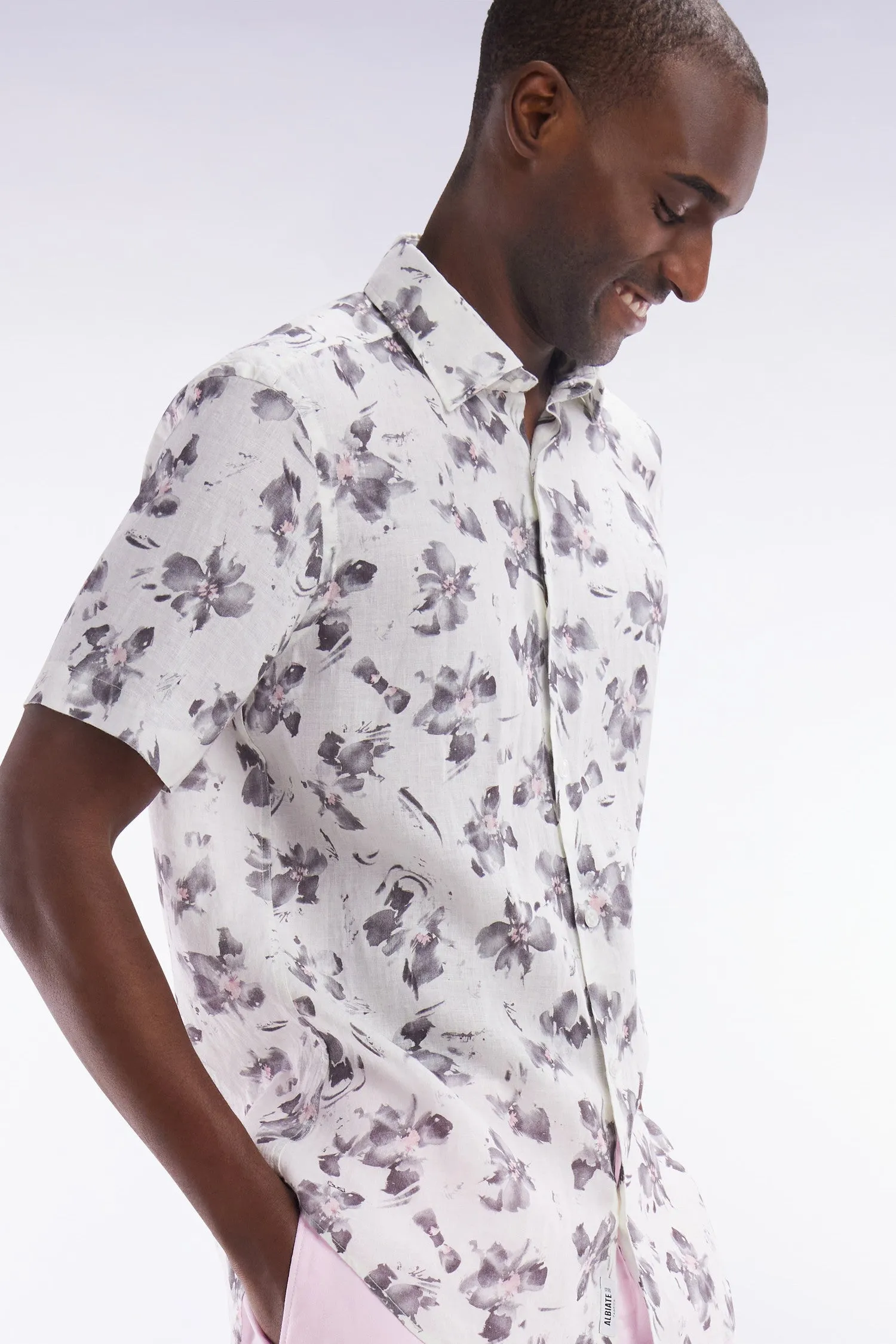 Chemise à manches courtes en lin écru à imprimé floral gris coupe ajustée sold by Eden Park product image thumbnail 3