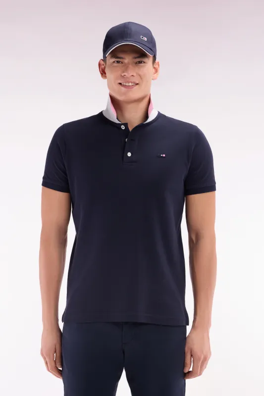 Polo à manches courtes en coton marine col bicolore jacquard Eden Park coupe droite made by Eden Park
