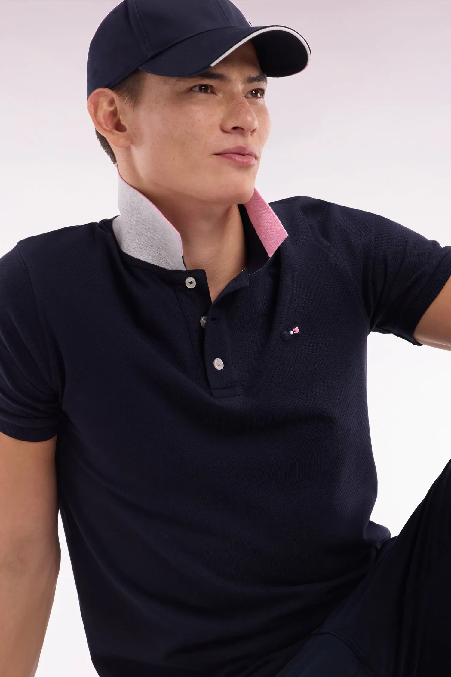 Polo à manches courtes en coton marine col bicolore jacquard Eden Park coupe droite sold by Eden Park product image thumbnail 3