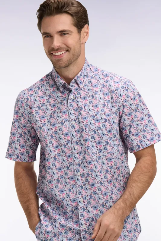 Chemise à manches courtes en coton à motif floral rose et bleu made by Eden Park