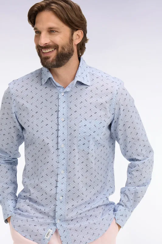 Chemise en popeline de coton bleu ciel à micromotifs coupe slim made by Eden Park