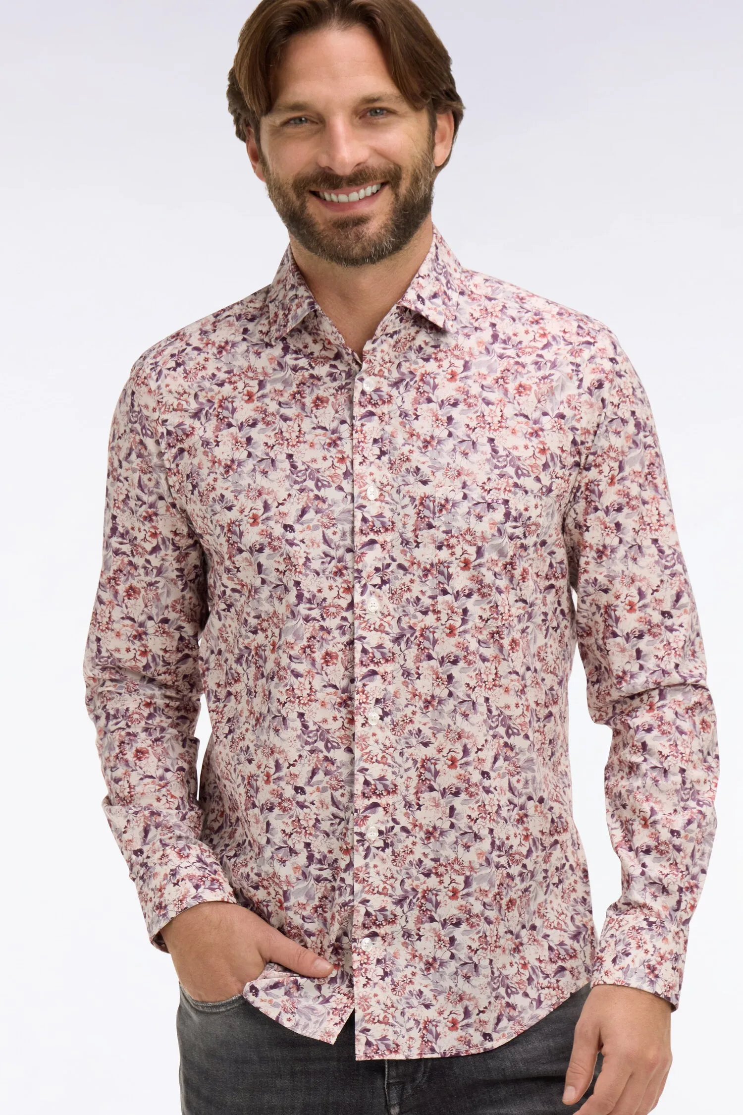 Chemise en popeline de coton blanche à microimprimé floral coupe slim sold by Eden Park
