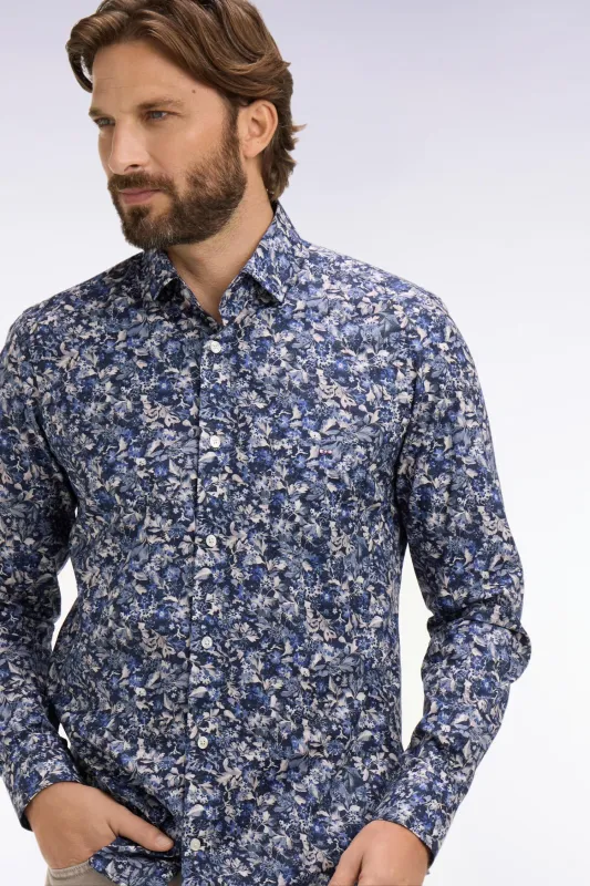 Chemise en popeline de coton marine à microimprimé floral coupe slim made by Eden Park