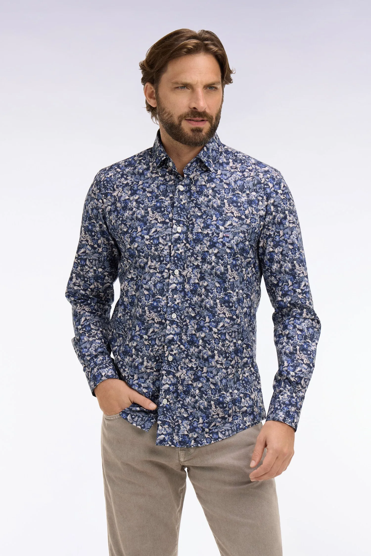 Chemise en popeline de coton marine à microimprimé floral coupe slim sold by Eden Park product image thumbnail 3