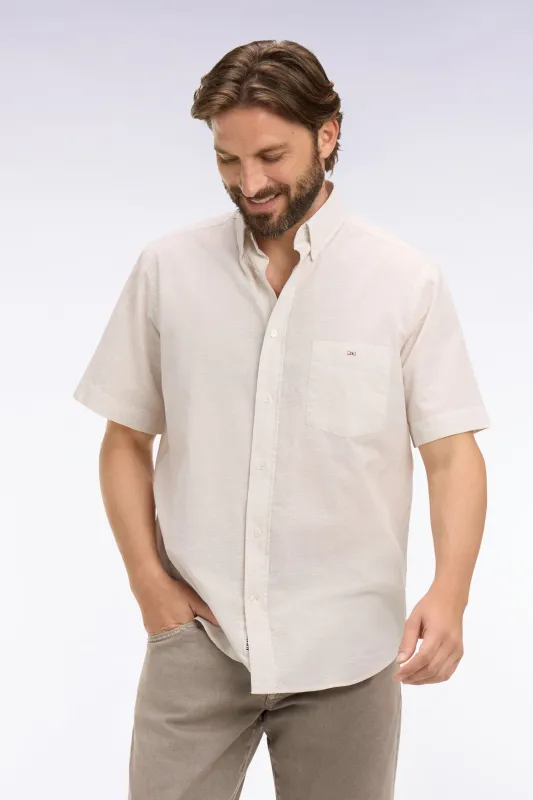 Chemise à manches courtes en coton jacquard rayé grège made by Eden Park