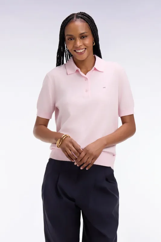 Pull polo à manches courtes en coton et soie mélangés rose coupe regular made by Eden Park