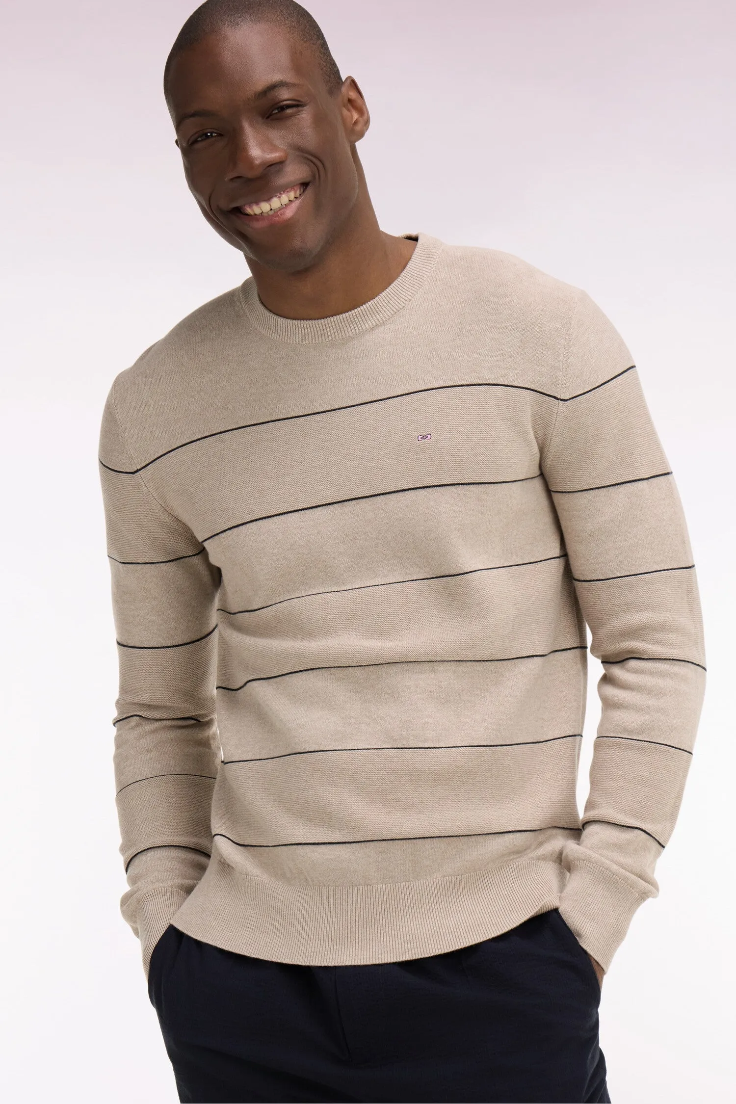 Pull col rond en coton beige rayé sold by Eden Park