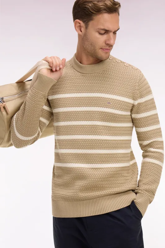 Pull marin à épaule boutonnée en coton chevron beige made by Eden Park