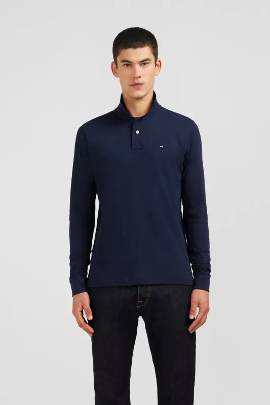 Polo manches longues bleu marine uni en piqué de coton stretch made by Eden Park