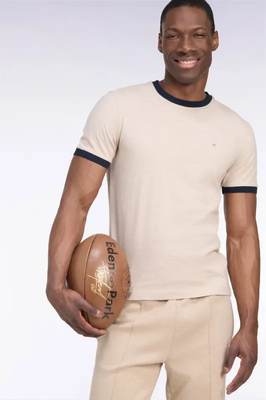 T-shirt manches courtes en coton beige bords-côtes marine coupe droite made by Eden Park