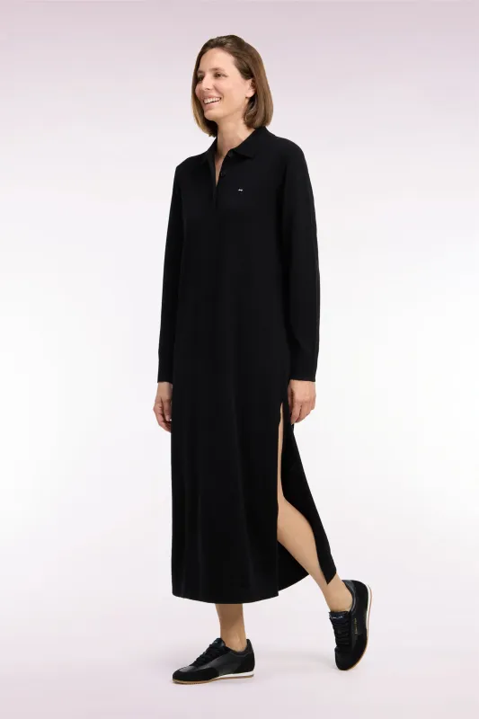 Robe midi à col polo en laine vierge et cachemire noire coupe droite made by Eden Park