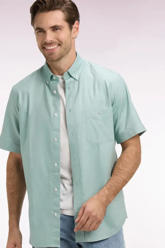 Chemise à manches courtes en coton fil teint vert d'eau made by Eden Park