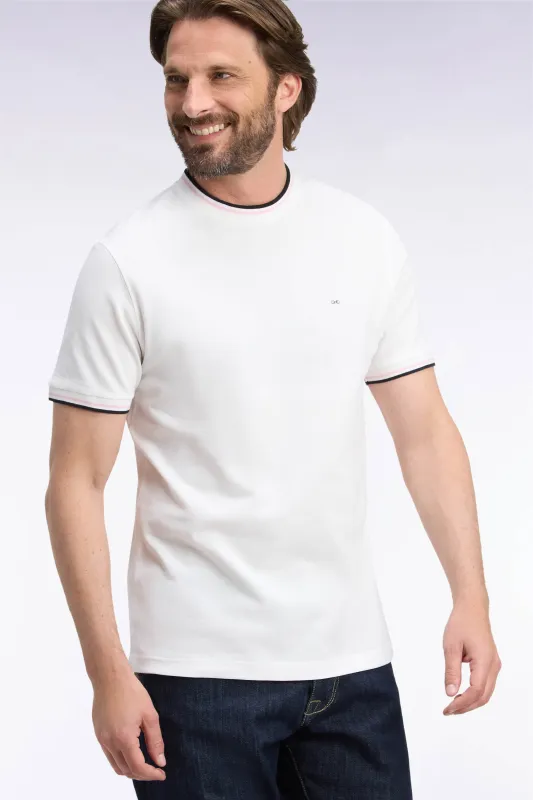 T-shirt manches courtes en coton écru à bords-côtes rayés coupe droite made by Eden Park