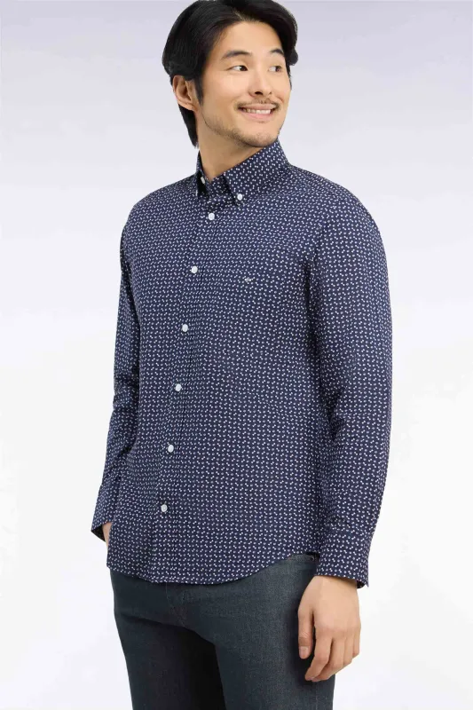 Chemise en popeline de coton marine à micromotifs bleus coupe droite made by Eden Park