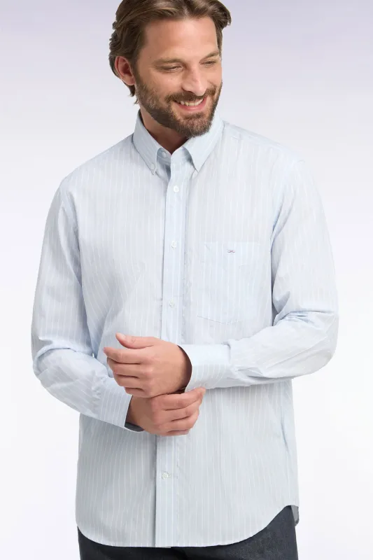 Chemise en coton blanc tissé à rayures ciel coupe droite made by Eden Park