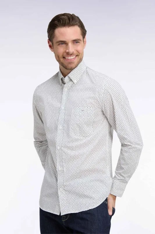 Chemise en popeline de coton blanche à micromotifs bleus coupe droite made by Eden Park