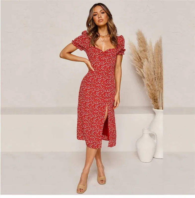 Split Hippie Mid-Length Dress with Floral Print in Red sold by Boho Mood