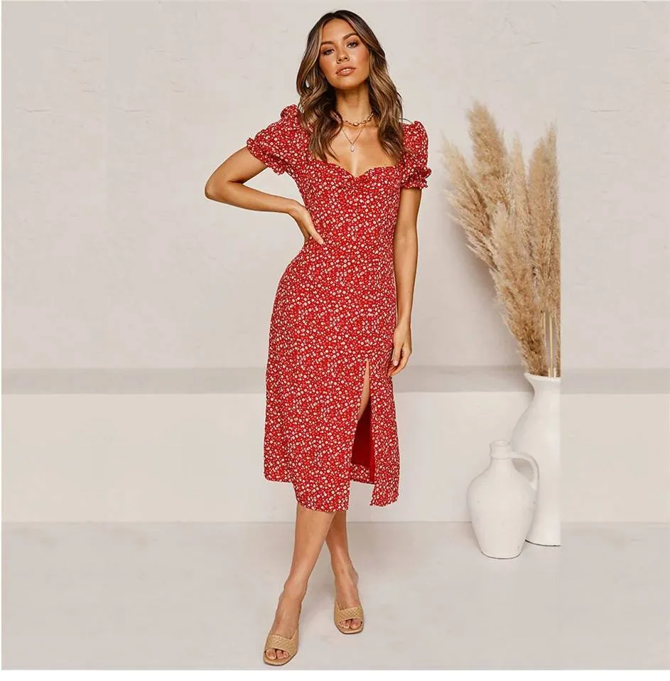 Split Hippie Mid-Length Dress with Floral Print in Red sold by Boho Mood